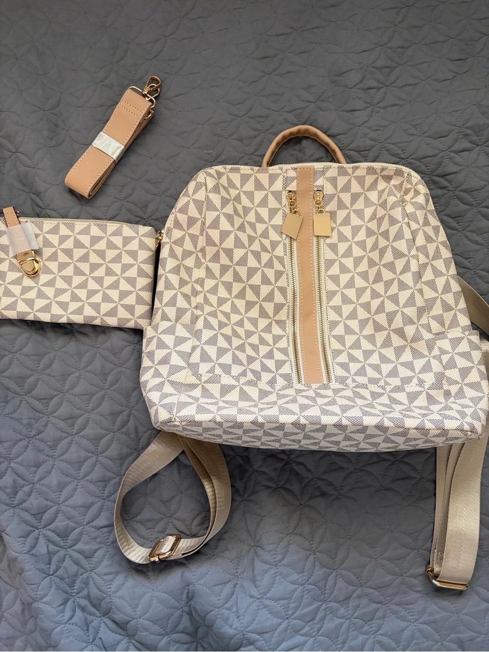 Beige Geometric Women's Backpack Purse with Matching Pouch - Contemporary Style